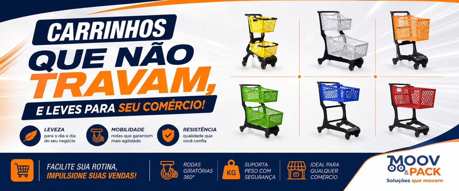 Linha de rodízios, carrinhos e rolamentos Moov Pack organizada para expedição